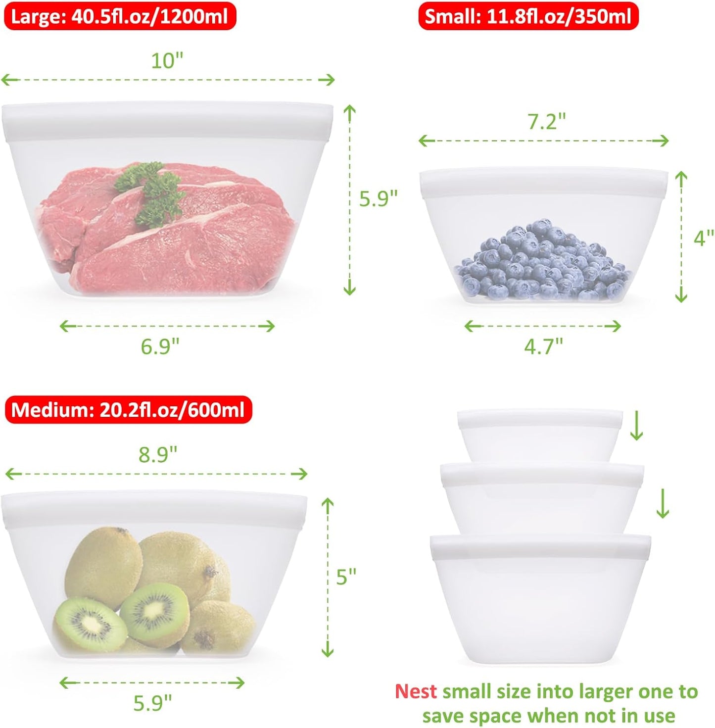 Silicone Bags for Food Storage, Reusable Zip Lock Silicone Food Storage Containers Stand Up Snack Bags, Freezer Microwave Oven Dishwasher Safe, Plastice BPA-Free 3 Pack(40oz 20oz 12oz)