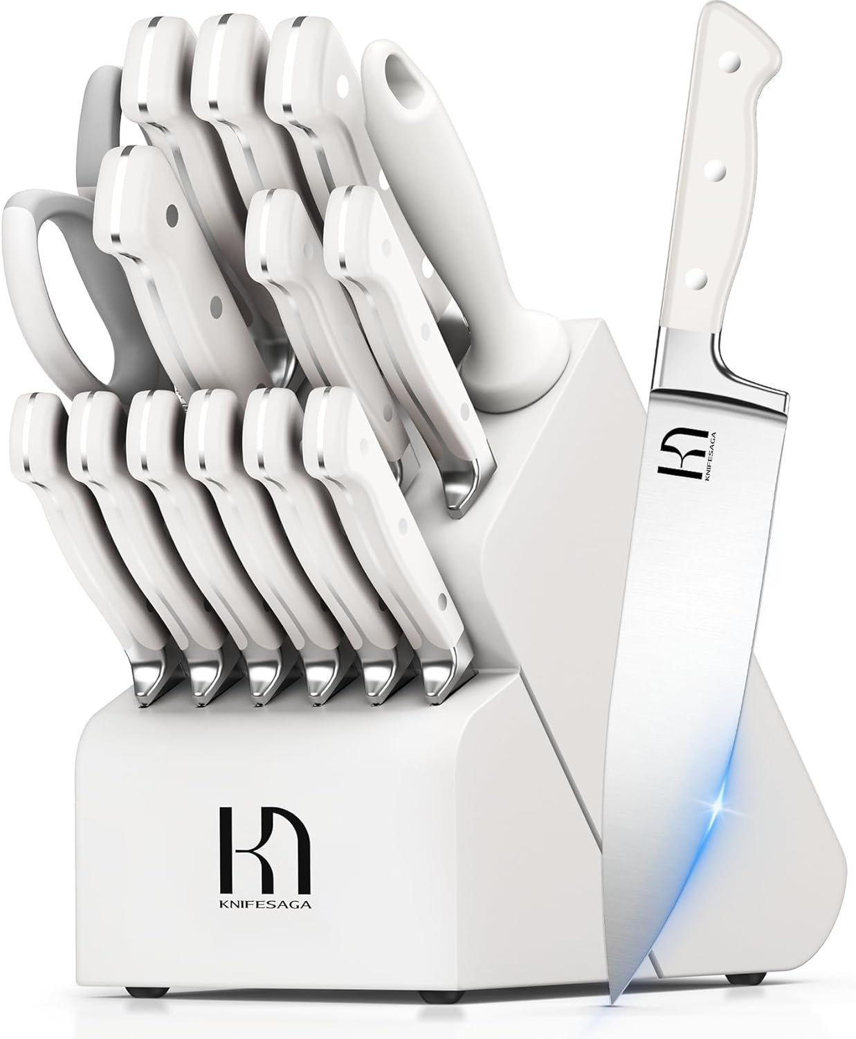 Kitchen Knife Block Set, 15-Piece Enduring Ultra Sharp Knife Set, Japanese High Carbon Stainless Steel, Premium Forged Knives for Kitchen and Professional Chefs, White