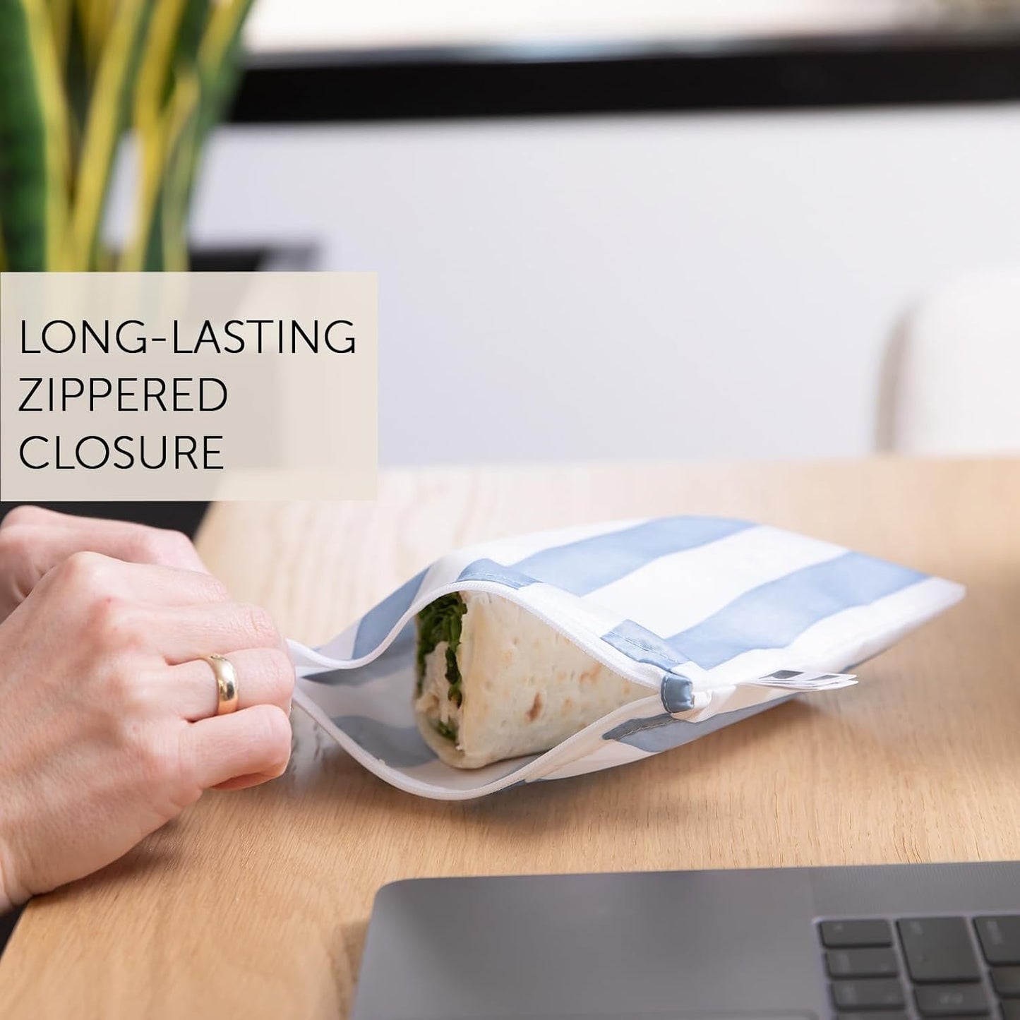 Roamio Reusable Sandwich and Snack Bags, for Kids School Lunch and for Adults Portion, Washable Fabric, Waterproof Cloth Zip Bag, Travel Pouch, Food-Safe, 4-pack Set Nautical Stripe and Blue Shells