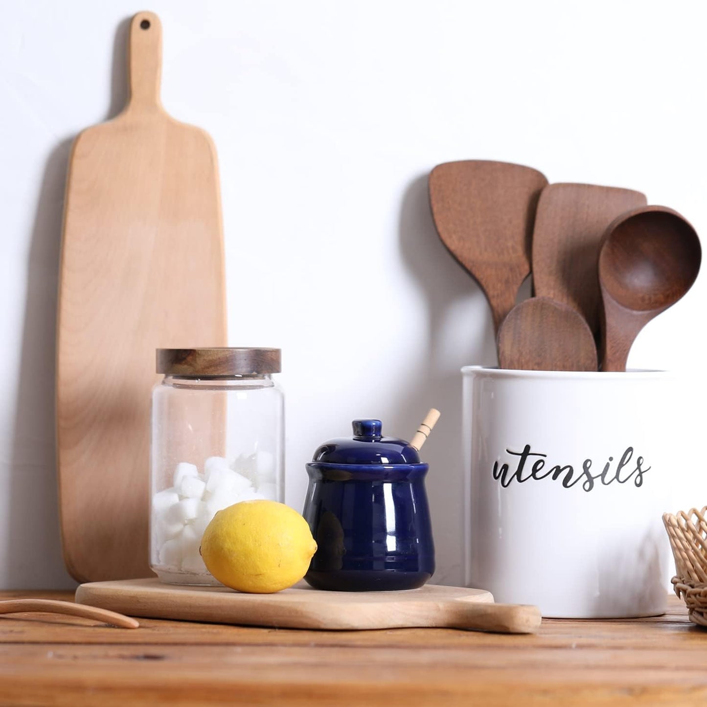 LEETOYI Porcelain Honey Jar with Lid and Dipper,Ceramic Honey pot,12oz (Navy)