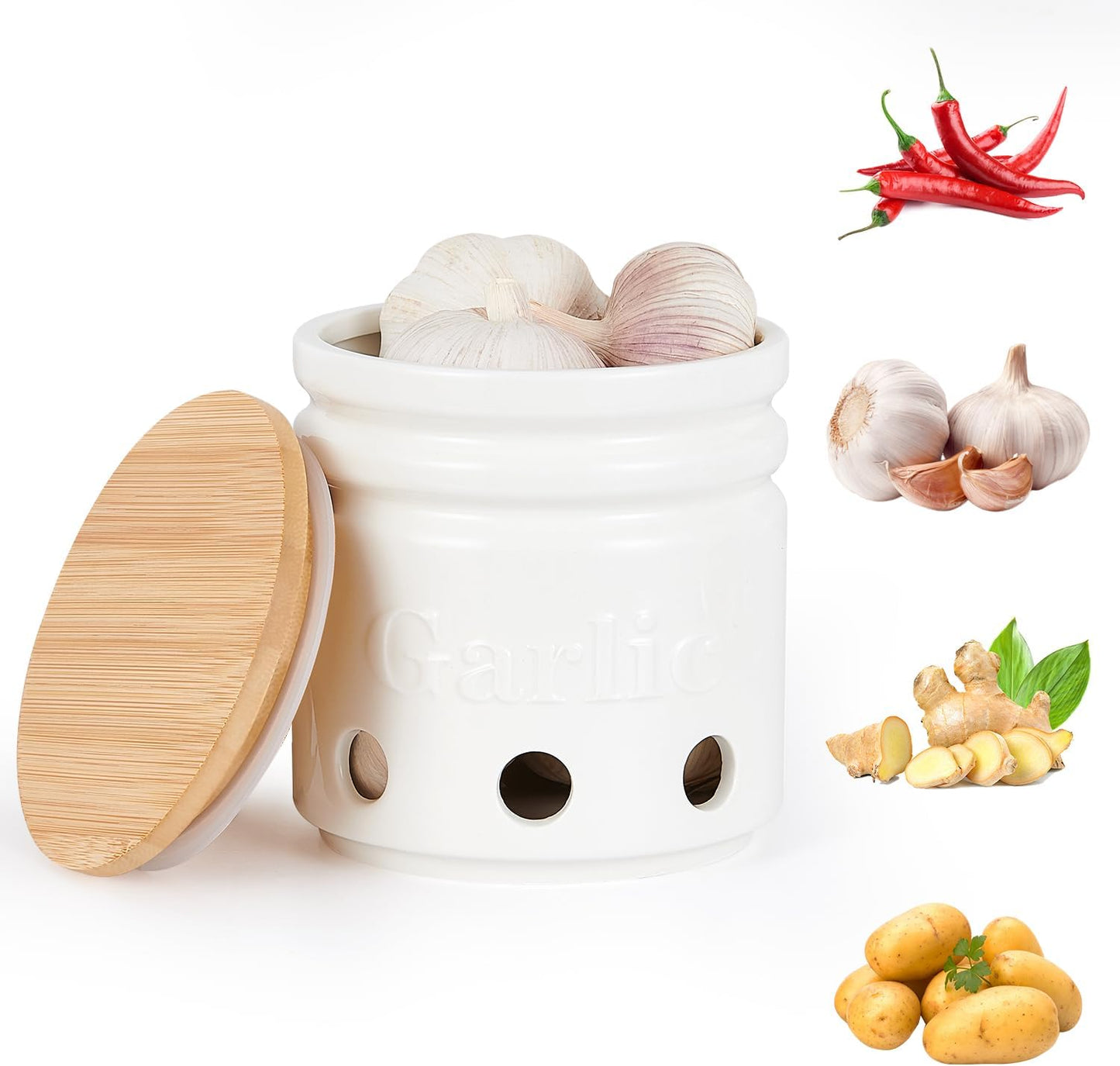 Garlic Keeper for Counter - Garlic Holder with Bamboo Lid,Garlic Container to Keep Your Garlic Cloves Fresh Longer,Large Ceramic Garlic Storage for Kitchen