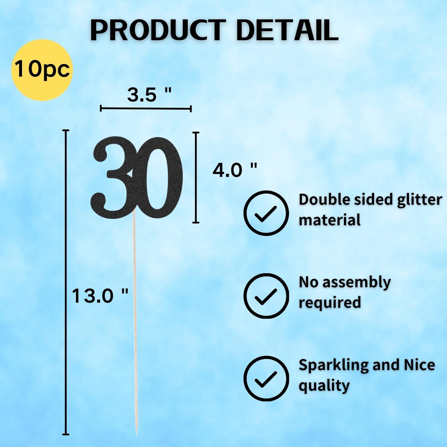 10-Pack Double Sided Glitter 30th Birthday Centerpiece Anniversary Centerpiece Sticks, Number 30 Table Topper Cake Topper for 30th Birthday Anniversary Table Party Decorations (Double Sided black)