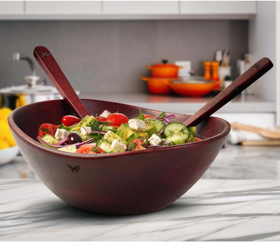 Melvvi Large Wooden Salad Bowl Set with 2 Small Bowls and 2 Serving Utensils | 12" & 6" Acacia Wood Bowls for Food | Great Gift for Kitchen & Dining (Natural Set of 5) (Royal Set of 3)