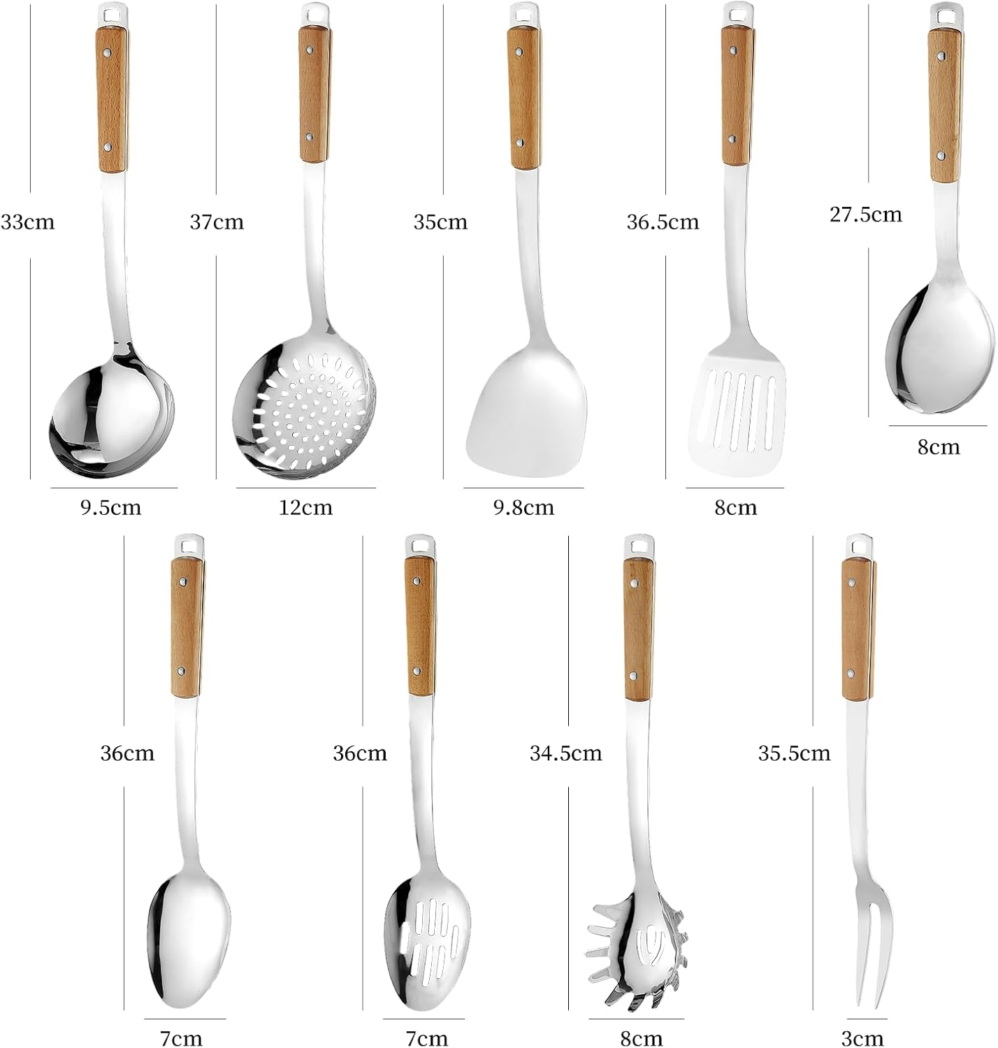 9pcs Cooking Utensils Set 304 Stainless Steel Kitchen Utensils with Wooden Hanlde Metal Kitchen Utensils Soup Ladle Set Dishwasher Safe Kitchen Essentials Set Kitchen Tool Set, Dishwasher Safe