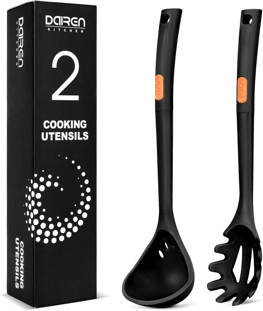 Silicone Pasta Fork and Ladle Spoon Set, Large Non Stick Kitchen Utensils for Cooking,Stirring,One Piece Serving Spaghetti, Soup, Sauce (BLACK)