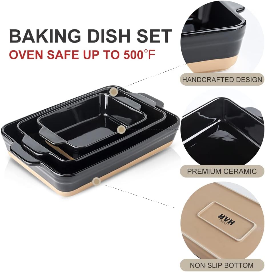 HVH Baking Dish Set, 9x13 Baking Dish, Ceramic Lasagne Pan Deep, Large Casserole Dish Set, Baking Dishes for Casseroles 13 x 9, Ceramic Bakeware Set of 3, Farmhouse Style (Black)