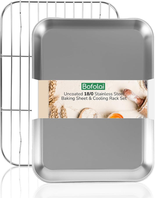 18/0 Stainless Steel Baking Sheet with Cooling Rack, 9.2 Inch Oven-Safe Non-Toxic Cookie Sheets for Baking, Coating Free & Rust Resistant for Healthy Family Baking, Easy to Clean, Heavy Duty