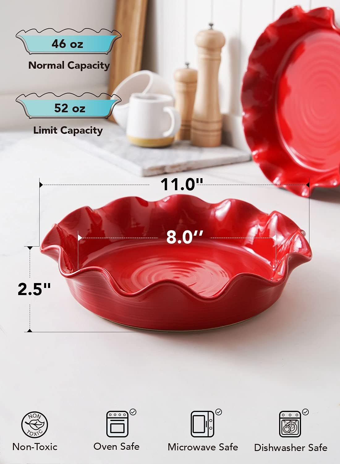 LE TAUCI Ceramic Pie Pans for Baking, 11 Inches Deep Dish Pie Plate for Apple Pie, 48 Ounce Baking Dish with Ruffled Edge, Set of 2, Red