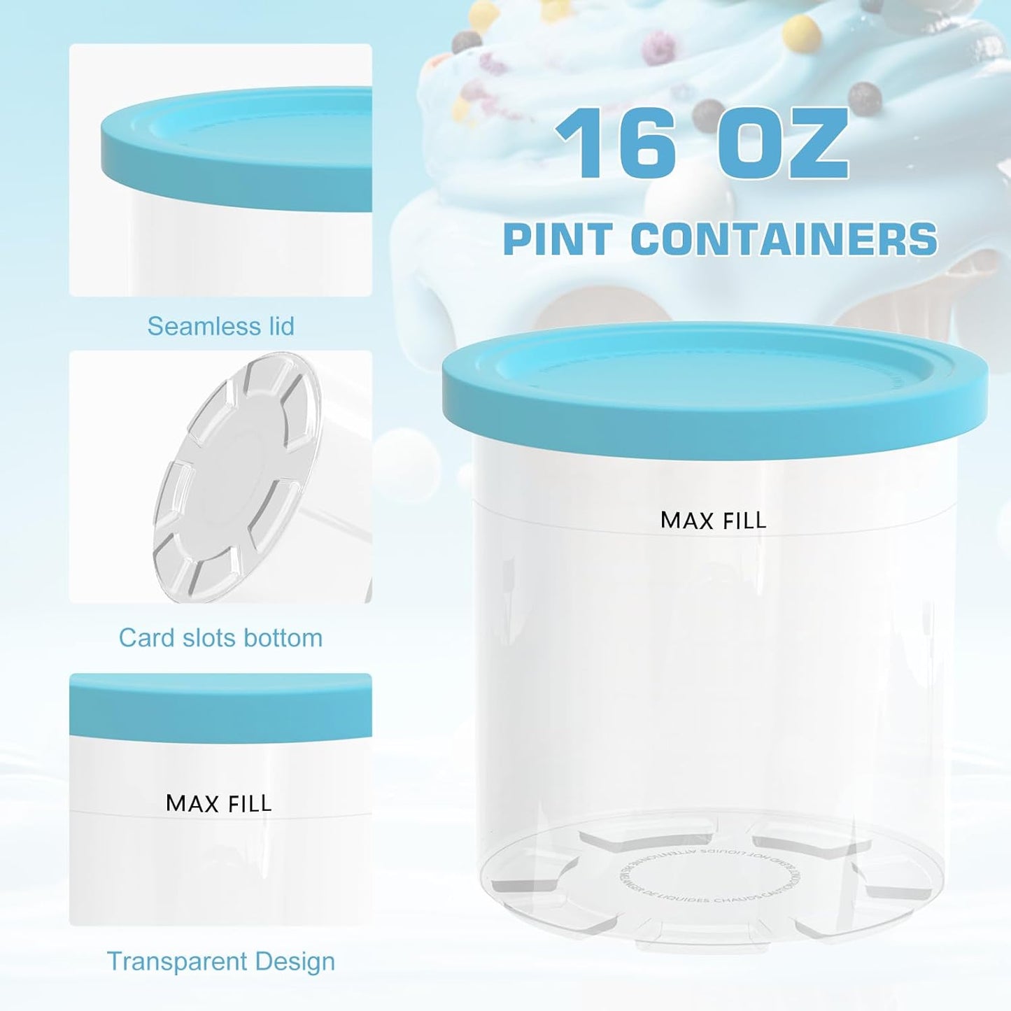 Containers Replacement for Ninja Creami Pints and Lids - 4 Pack, 16oz Pints Compatible with NC301 NC300 NC299AMZ Series Ice Cream Maker - Dishwasher Safe, Leak Proof Lids Pink/Mint/Grey/Blue
