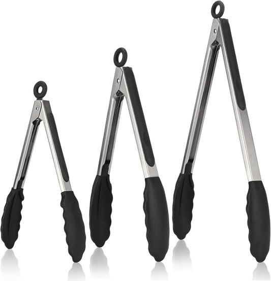 Kitchen Tongs, U-Taste 7/9/12 inches Cooking Tongs, with 600ºF High Heat-Resistant Non-Stick Silicone Tips, 18/8 Stainless Steel Handle, for Food Grill, Salad, BBQ, Frying, Serving, Pack of 3(Black)