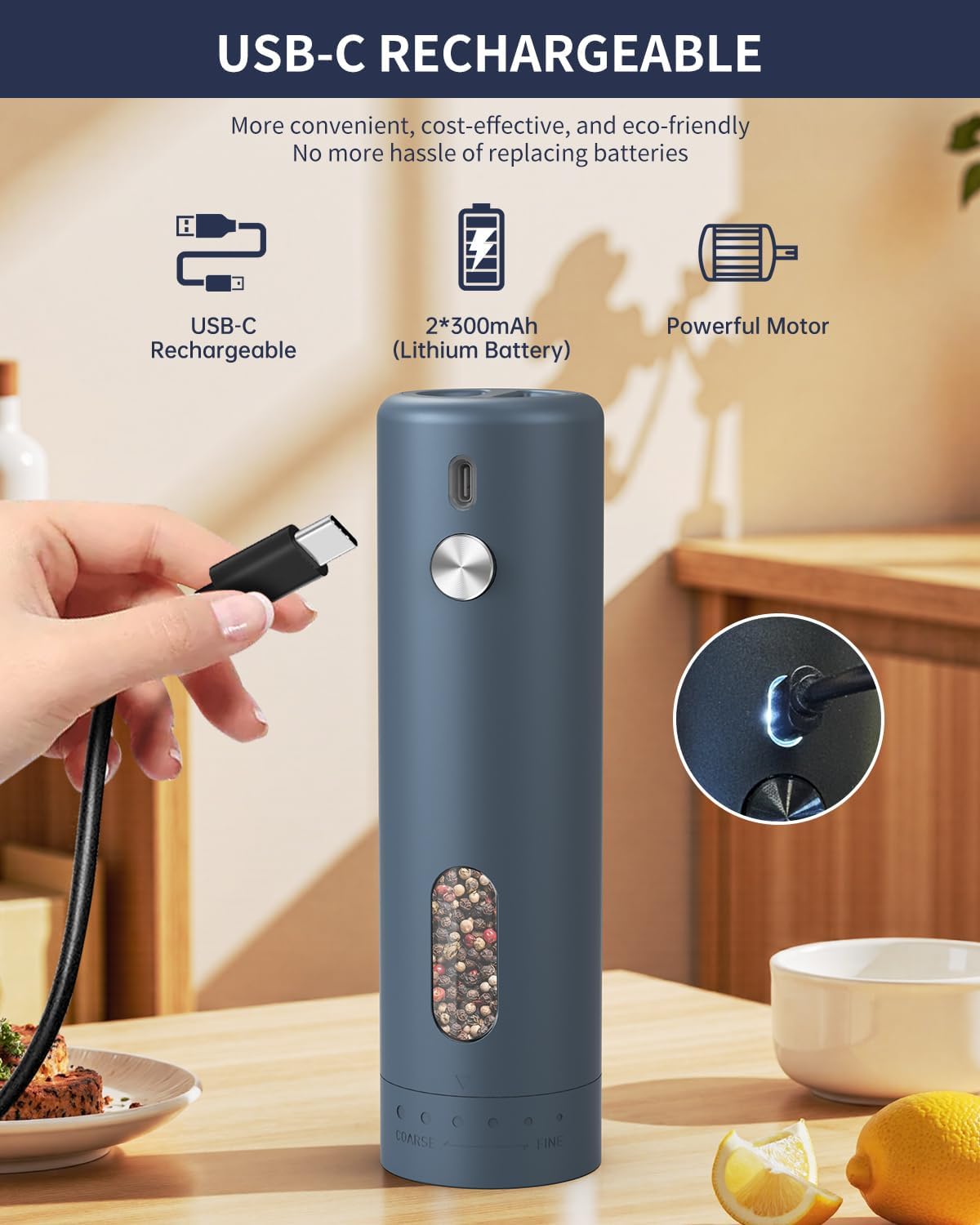 CIRCLE JOY Rechargeable Electric Salt and Pepper Grinder Set with Base, Automatic Pepper Mills with 110ml Container, External Adjustable Coarseness, White Led Light and One-Handed Operation, Blue