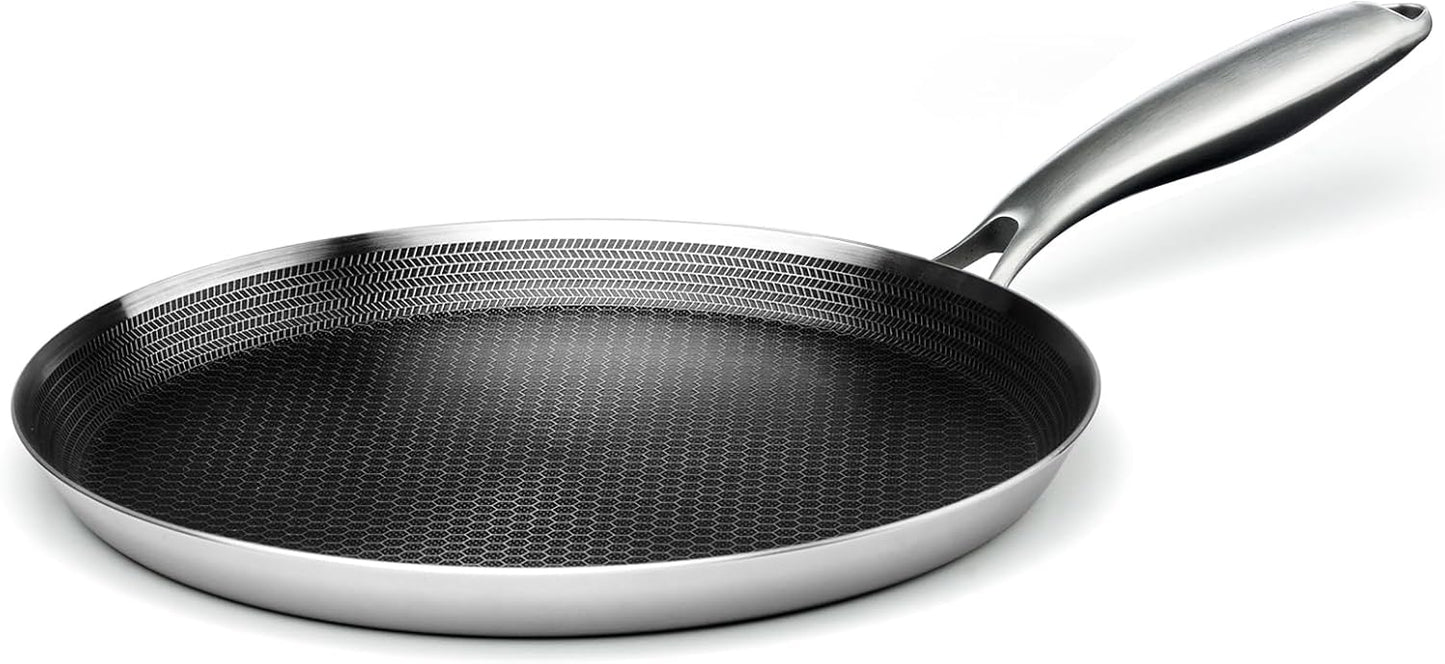 Stainless Steel Crepe Pan - 10 Inch Nonstick Crepe Pan, Stainless Steel Honeycomb Coating Pancake Pan, Non Stick Flat Skillet Tawa Dosa Tortilla Griddle Pan, Induction Compatible, PFOA Free