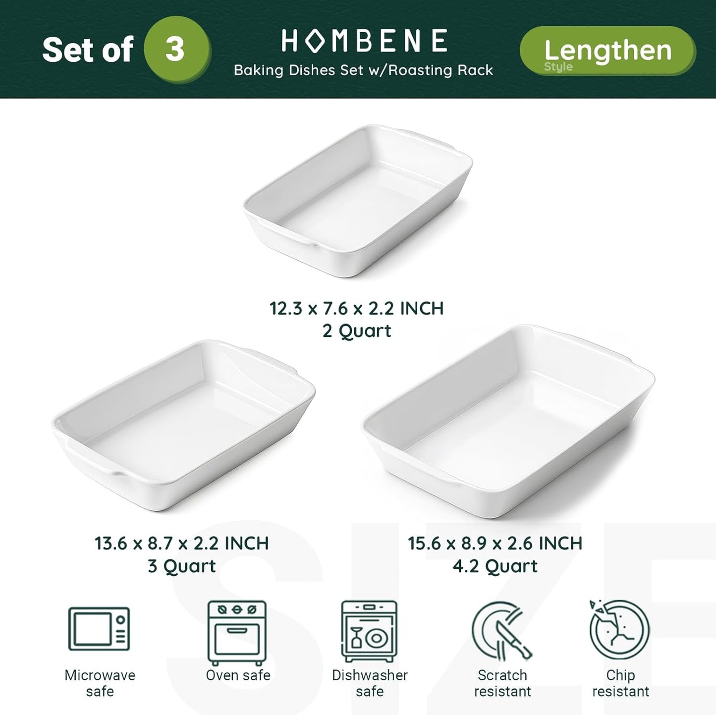 Casserole Dishes for Oven, Ceramic Baking Dishes Set of 3 with Roasting Racks, Rectangular Lasagna Pan with Handles for Baking, Gift, Dinner Microwave Oven Safe (2QT/3QT/4.2QT)