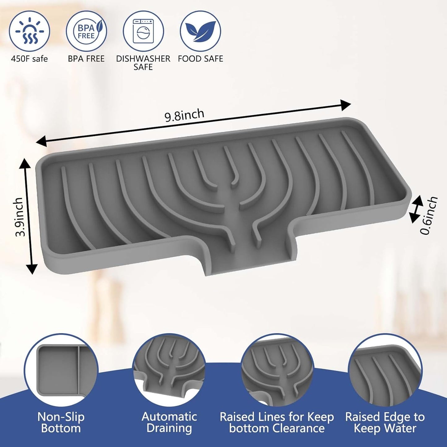 Silicone Sponge Holder for Kitchen Sink With Drain Spout, (Gray, 10×4) Self Draining, Kitchen Soap Tray, Bathroom Organizer, Sink Caddy, Perfect for Dispenser, Scrubber, Bottle, Cup on Counter