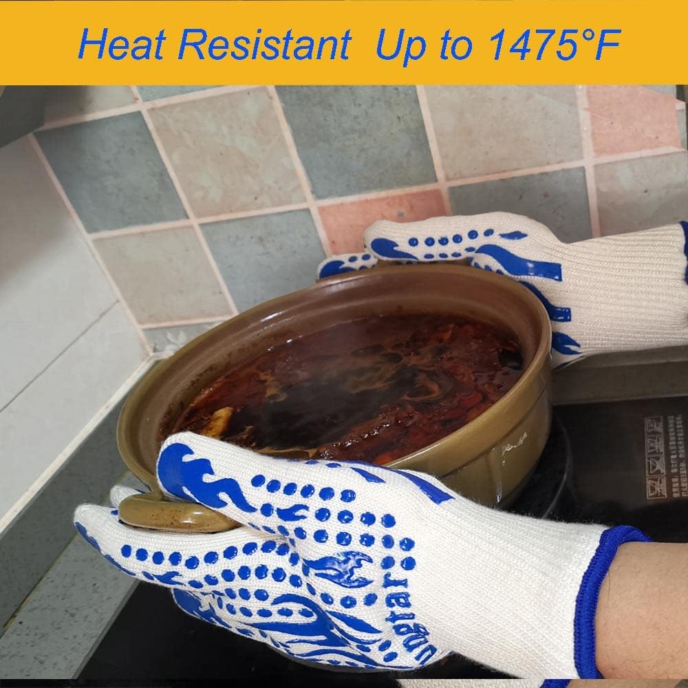 Ove Gloves mit BBQ Heat Proof Oven Mitts 11Inch 1472℉ guantes para Caliente Grill Proof Heat for Men Women BBQ Gloves Bake Gift Set Cooking Gloves for Cooking Grilling Baking Welding (White Red)