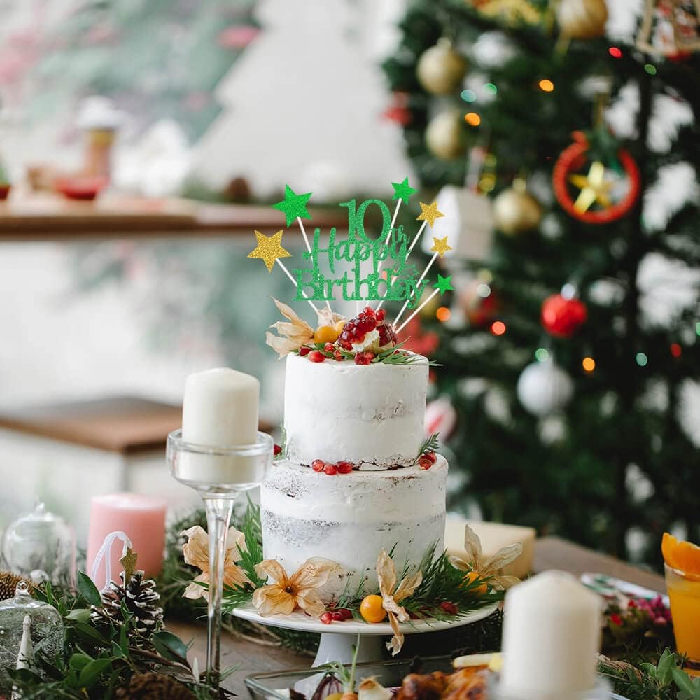 Glittery 10th Happy Birthday Cake Topper with Star,Personalised 10 Birthday Cake Toppers Party Decorations Party Supplies for Boys Girls Green Gold