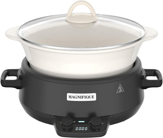 MAGNIFIQUE 5 Quart Programmable Slow Cooker with Auto Warm Setting, Glazed Ceramic Liner, Kitchen Small Appliance for Family Dinners, Black