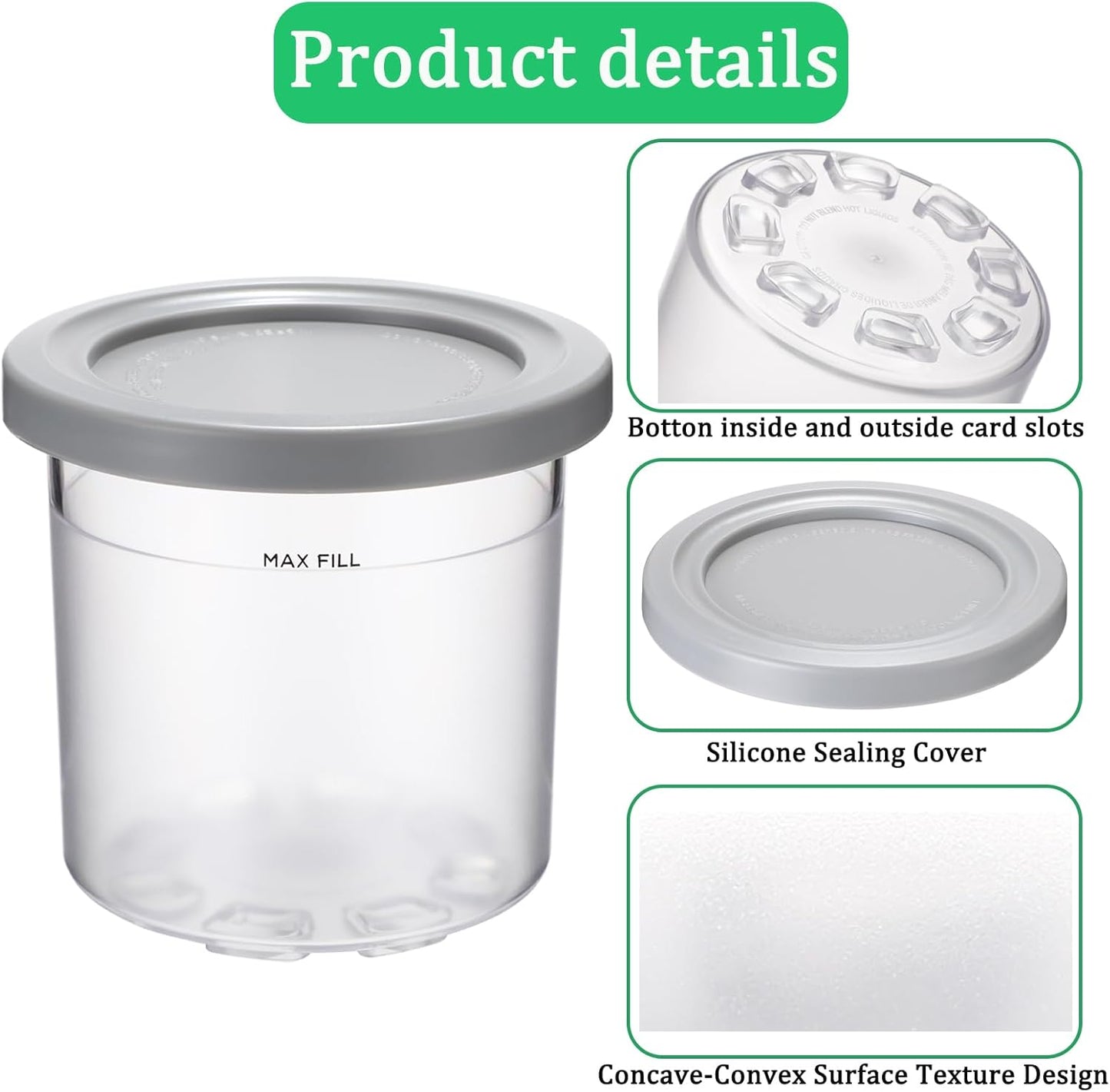 Creami Pints and Lids for Ninja NC301 CREAMi Ice Cream Maker - 4 pack Ice cream Containers Cups Set, 16oz Creami Pint Containers and Lids fit Ninja NC299AMZ NC300 Creamer Ice Cream Maker Accessories