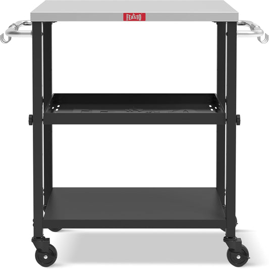 3-Shelf Grill Table,Pizza Oven Stand with Adjustable Shelf, Movable Grill Cart, for Outside,Outdoor Bar Cart with Wheels,Stainless Steel Tabletop,L34xW16.1
