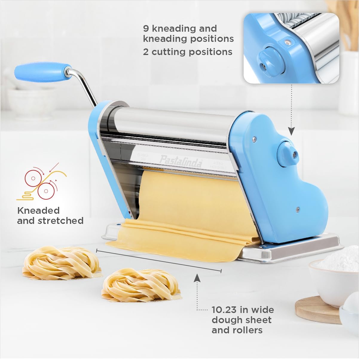 PASTALINDA Classic 260 Pasta Maker Machine, 26 cm Wide Rollers, 9 Thickness Positions, 2 Cutting Positions, Stainless Steel. Includes Reinforced Hand Crank And Two Clamps (Light Blue)
