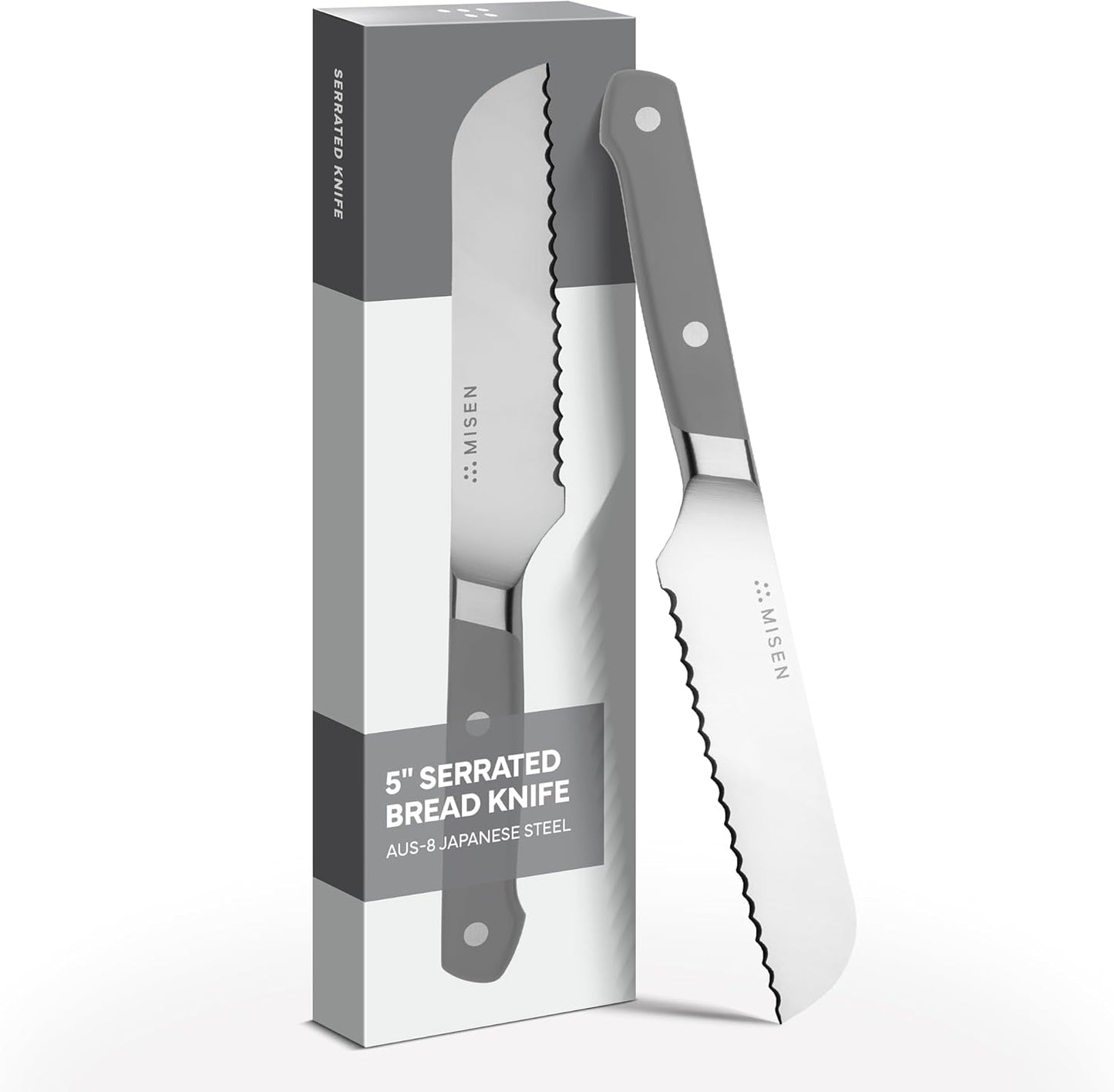 Misen Serrated Bread Knife – High-Carbon Japanese AUS8 Steel – Effortless Slicing of Bread, Pastries, and Fruits – Razor-Sharp Edge and Durable Blade with Ergonomic Handle - 5", Gray