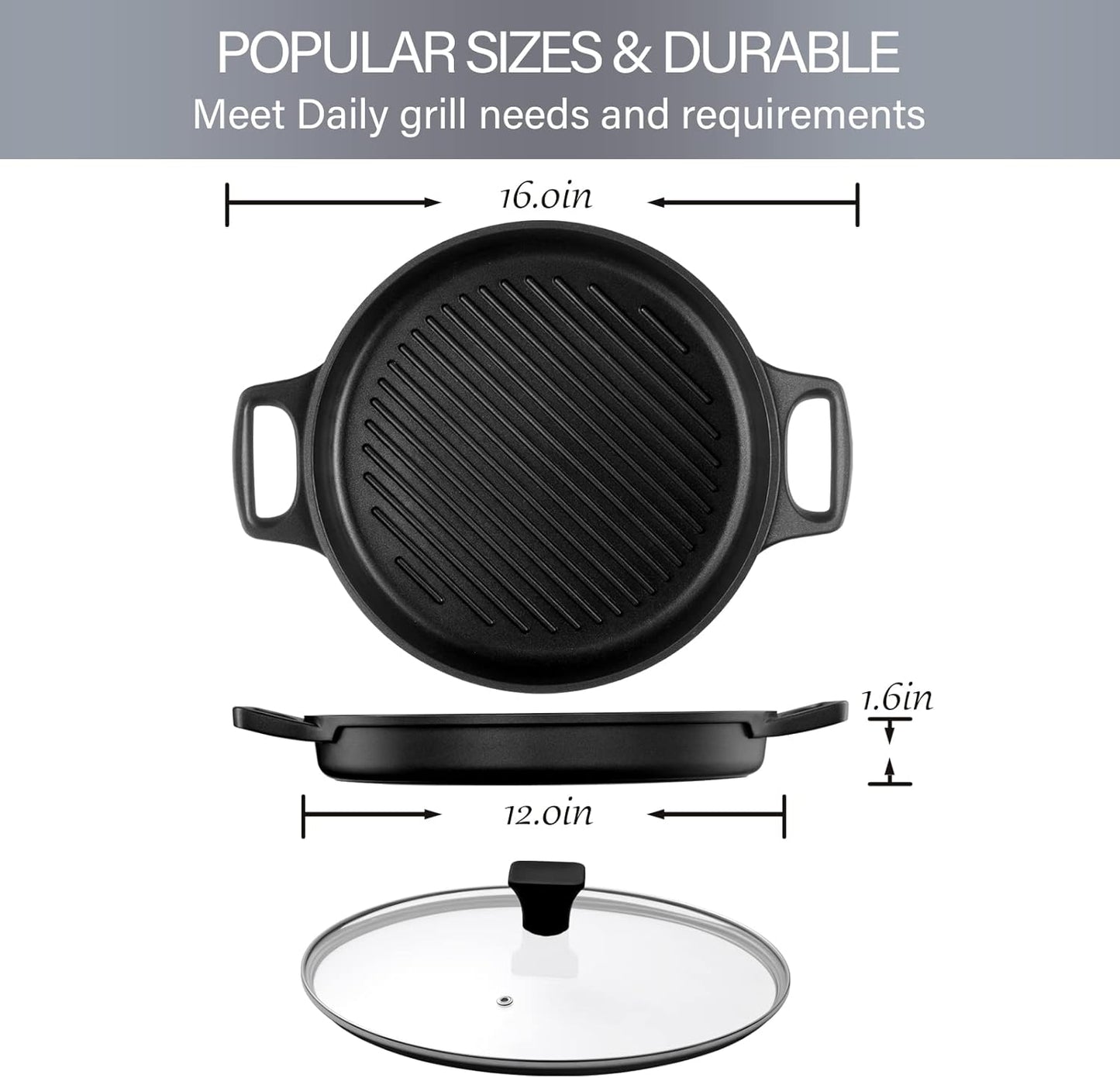 S·KITCHN Cast Aluminum Griddle Pan for Stovetop with Lid - Lighter than Cast Iron Skillet,Round Frying Pans Nonstick Grill Pan Dishwasher & Oven Safe,12IN