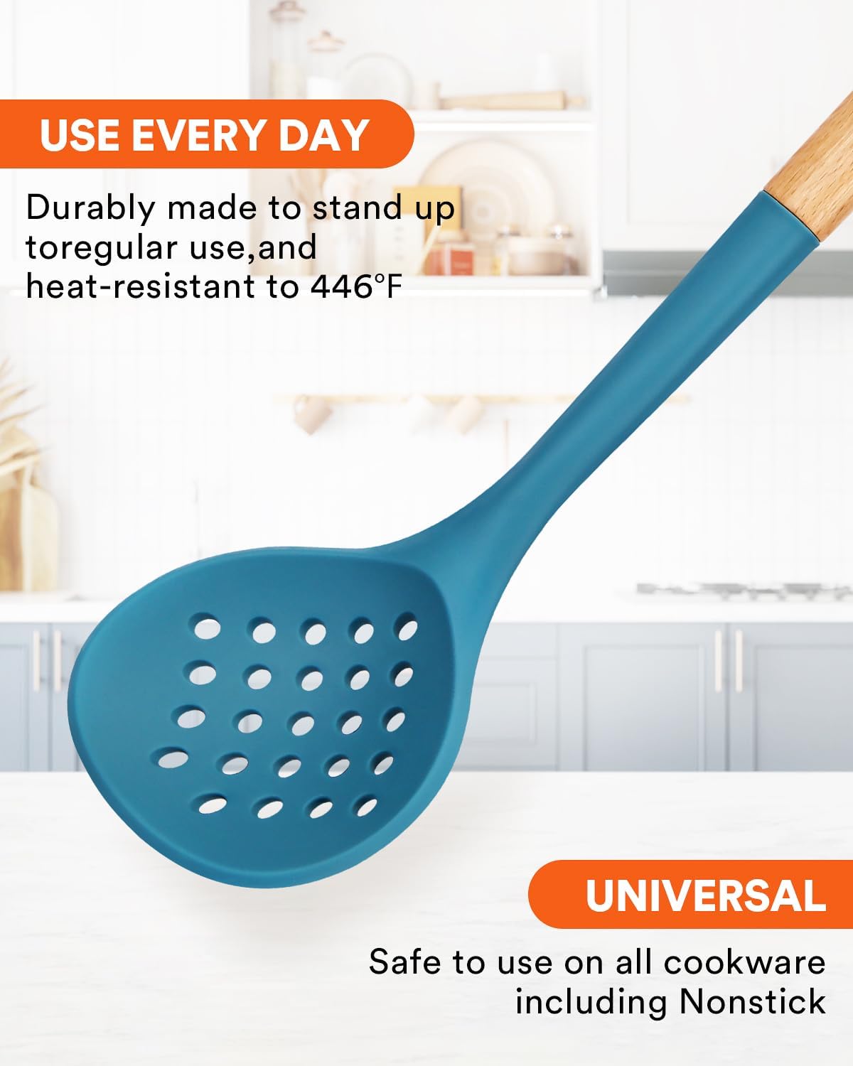 Kitchen Ladle Strainer, Large Slotted Spoon with High Heat Resistant BPA Free, Non Stick Cooking Skimmers For Draining & Frying, 13.2inch (Khaki & Blue)
