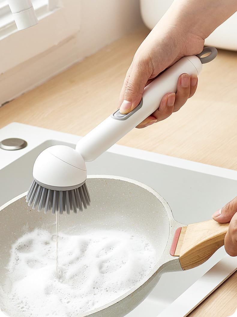 Adjustable Cleaning Brush with Liquid Dispenser, 2025 New Kitchen Dish Scrubber Brushes with Handle, Upgrade 6-Level Adjustable Dish Scrubber for Kitchen Cleaning Everyday Use (Grey)