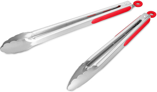 304 Stainless Steel Kitchen Cooking Tongs, 12" and 14" Set of 2 Sturdy Grilling Barbeque Brushed Locking Food Tongs with Ergonomic Grip, Red