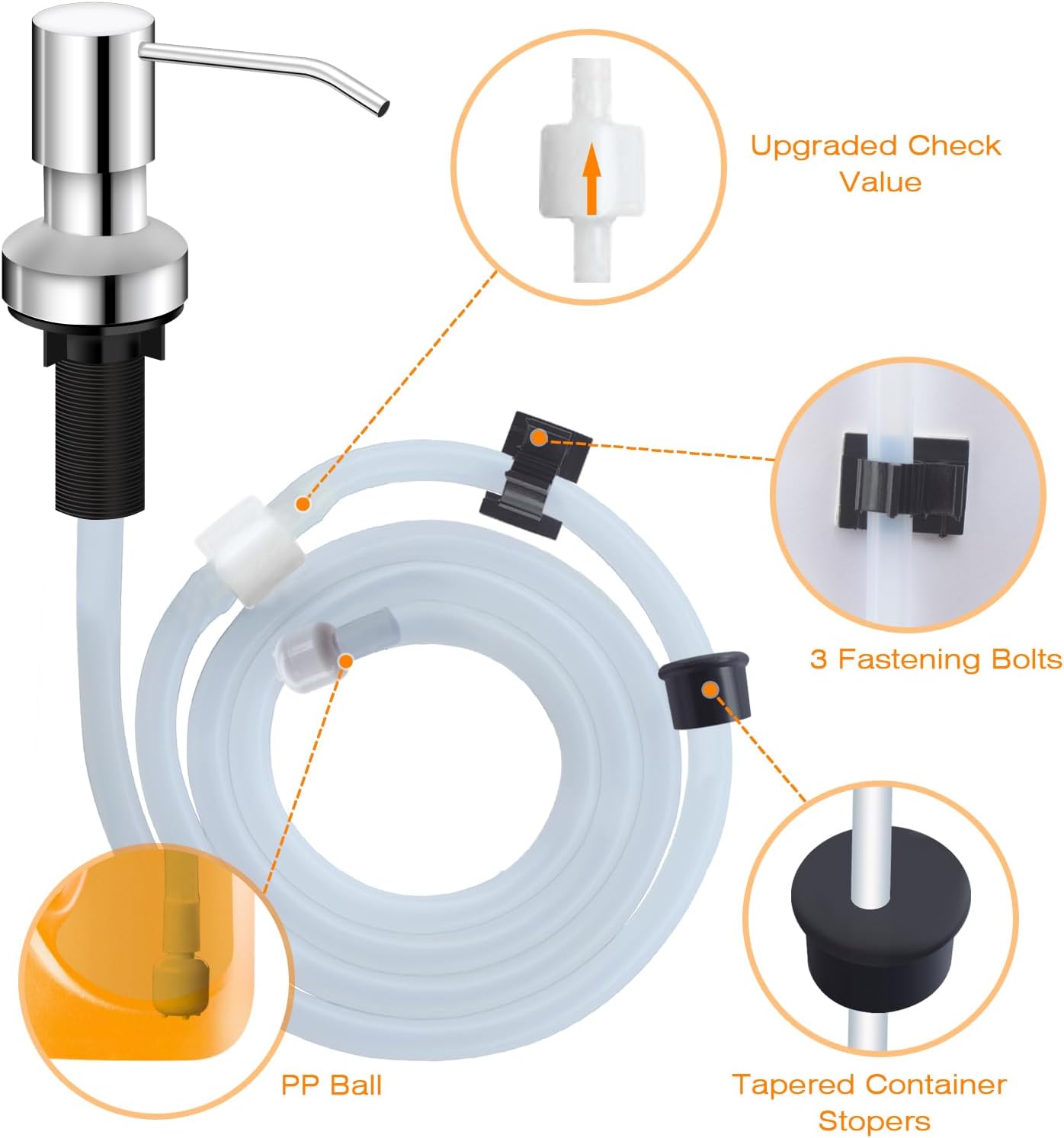 Sink Soap Dispenser for Kitchen Sink, Countertop Built in Sink Soap Dispenser with 47” Extension Tube kit, No Need to Fill The Little Bottle Again (Chrome)