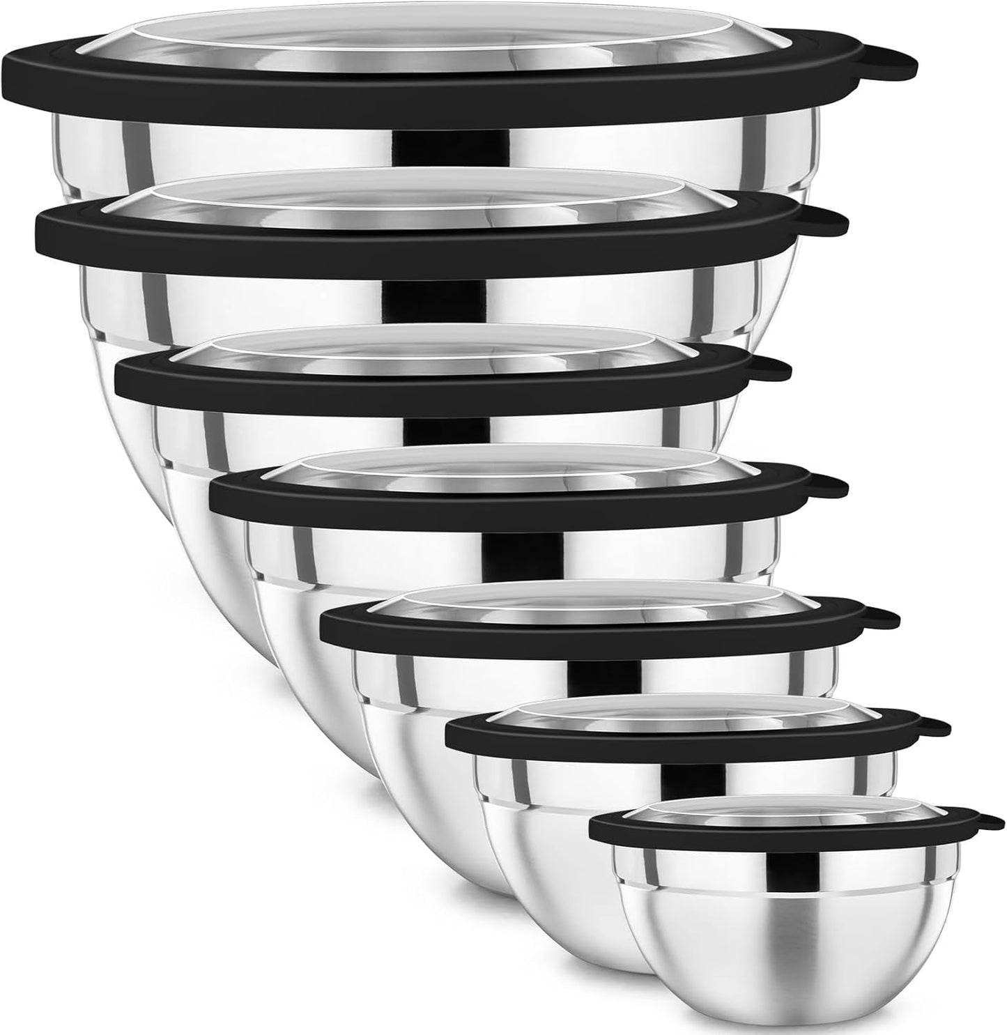 P&P CHEF Mixing Bowl with Lid Set of 7, Stainless Steel Nesting Salad Bowls for Cooking Serving Prepping, Clear Lids & Stackable Design, Size 4.6, 3.5, 3, 2, 1.5, 1, 0.7 Qt - Black
