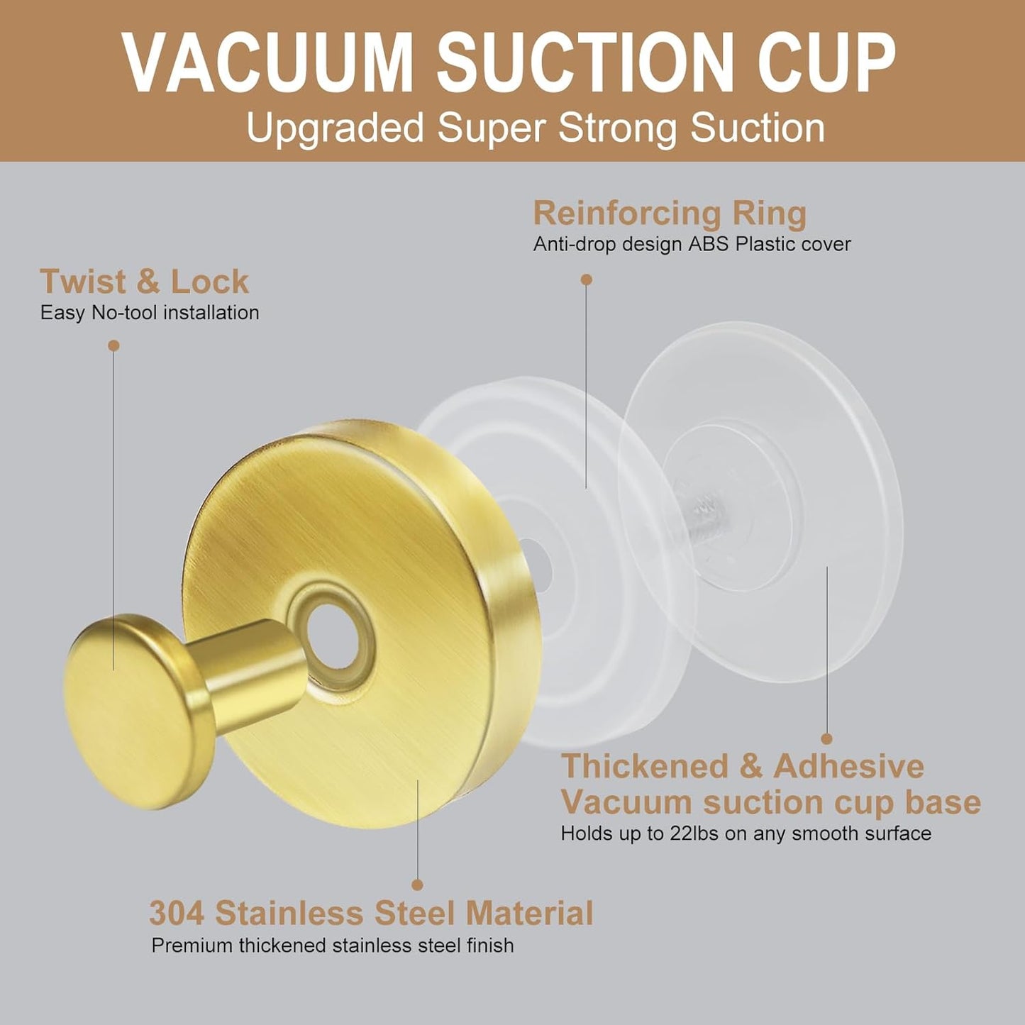 ZESLMG Suction Cup Hooks for Shower Wall, Door Wreaths, Removable Inside Shower Towel Hooks for Bathroom Window Glass Kitchen- Bath Robe Loofah Suction Hooks for Hanging More Surfaces (Gold, 4 Pack)