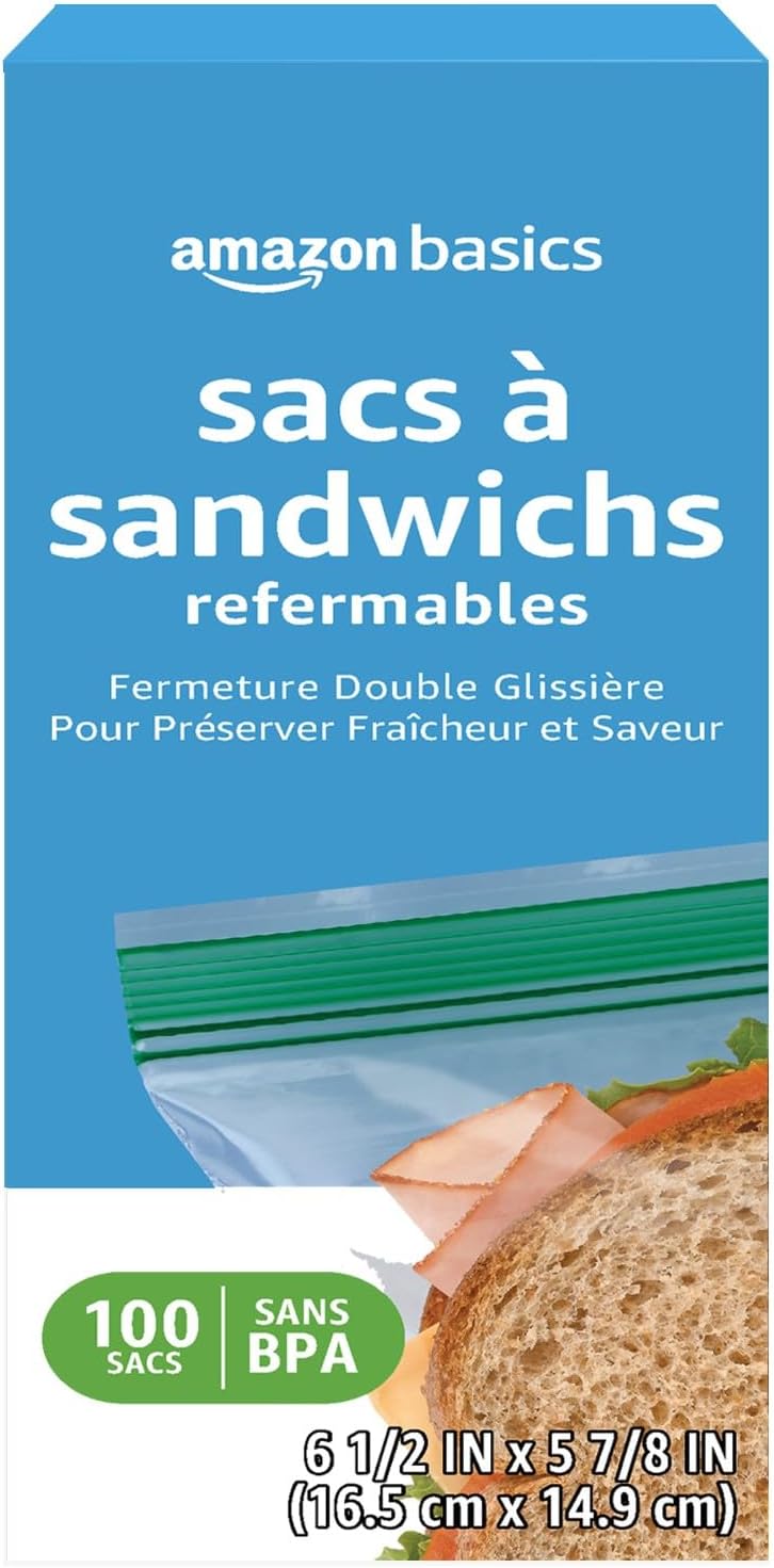 Amazon Basics Reclosable Sandwich Double Zipper Storage Bags, 100 Count, Pack of 1