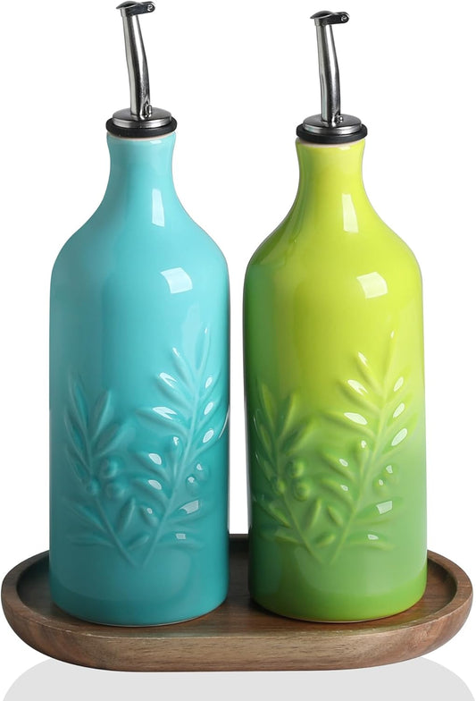 Sweejar Ceramic Olive Oil Dispenser Bottle, 20 Oz Relief Opaque Oil Cruet Protects To Reduce Oxidation, Suitable for Storage, Vinegar, Soy Sauce,Liquids,Set of 2 (Gradient Blue Gradient Green)