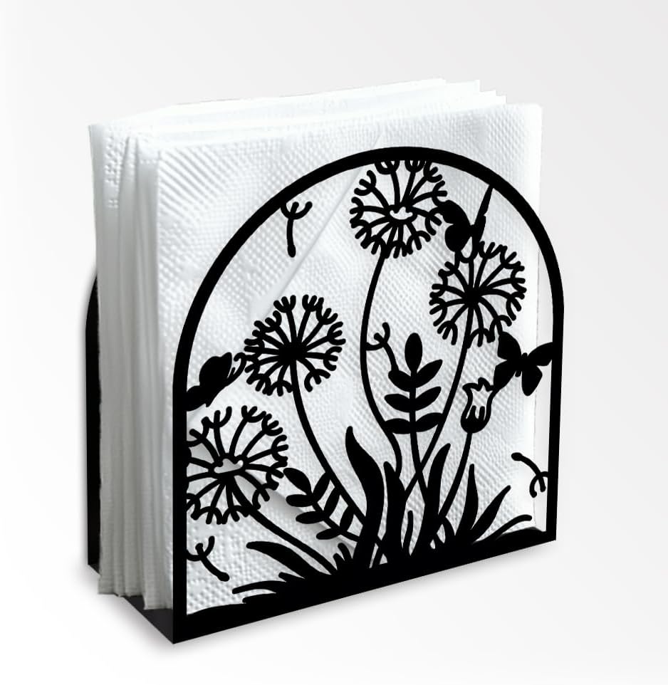 Dandelion Decorative Black Metal Napkin Holder for Table, 5.3" x 4.9" x 1.9" Grass Flower Standing Napkin Holder for Home Kitchen Restaurant Picnic Party Coffee Bar Dining Room