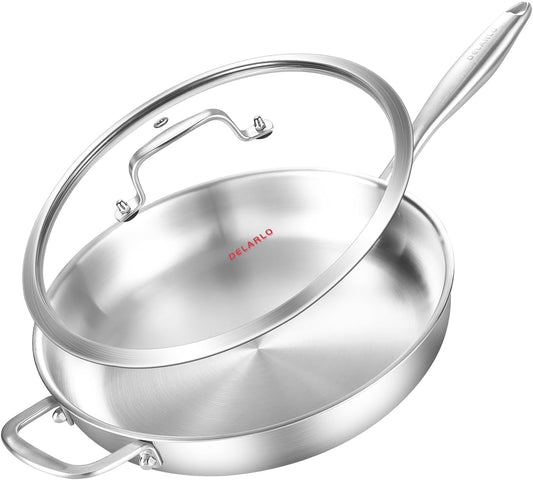 DELARLO Tri-Ply Stainless Steel Pan with Lid 12inch丨Compatible with All Cooktops Up to 600℉丨Stainless Steel Skillet 12 inch丨Heavy Duty丨Frying Pan with Lid丨18/10 Large Cooking Surface