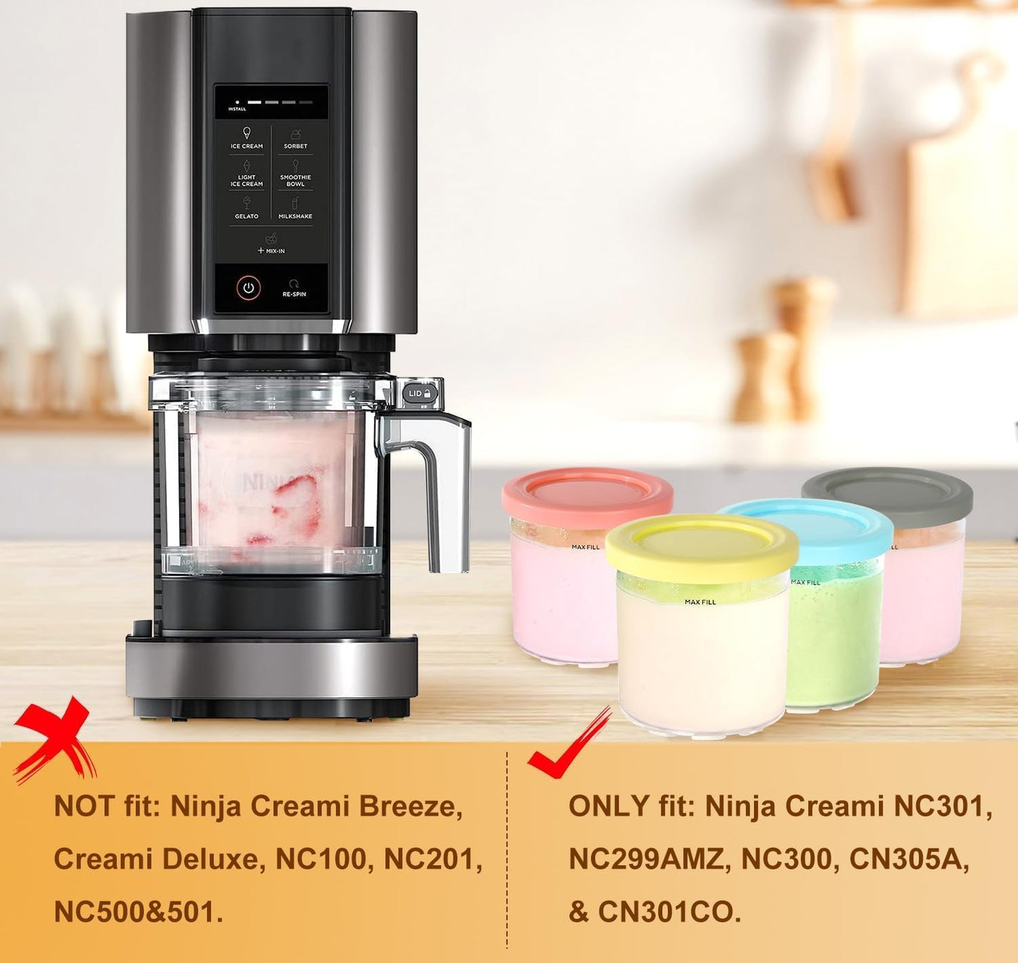 4 Pack Ice Cream Containers Compatible with Ninja Creami NC299AMZ NC300 & NC301 Series Ice Cream Maker, Replacement Pints Containers and Lids, BPA-Free & Dishwasher Safe, Grey/Blue/Pink/Yellow
