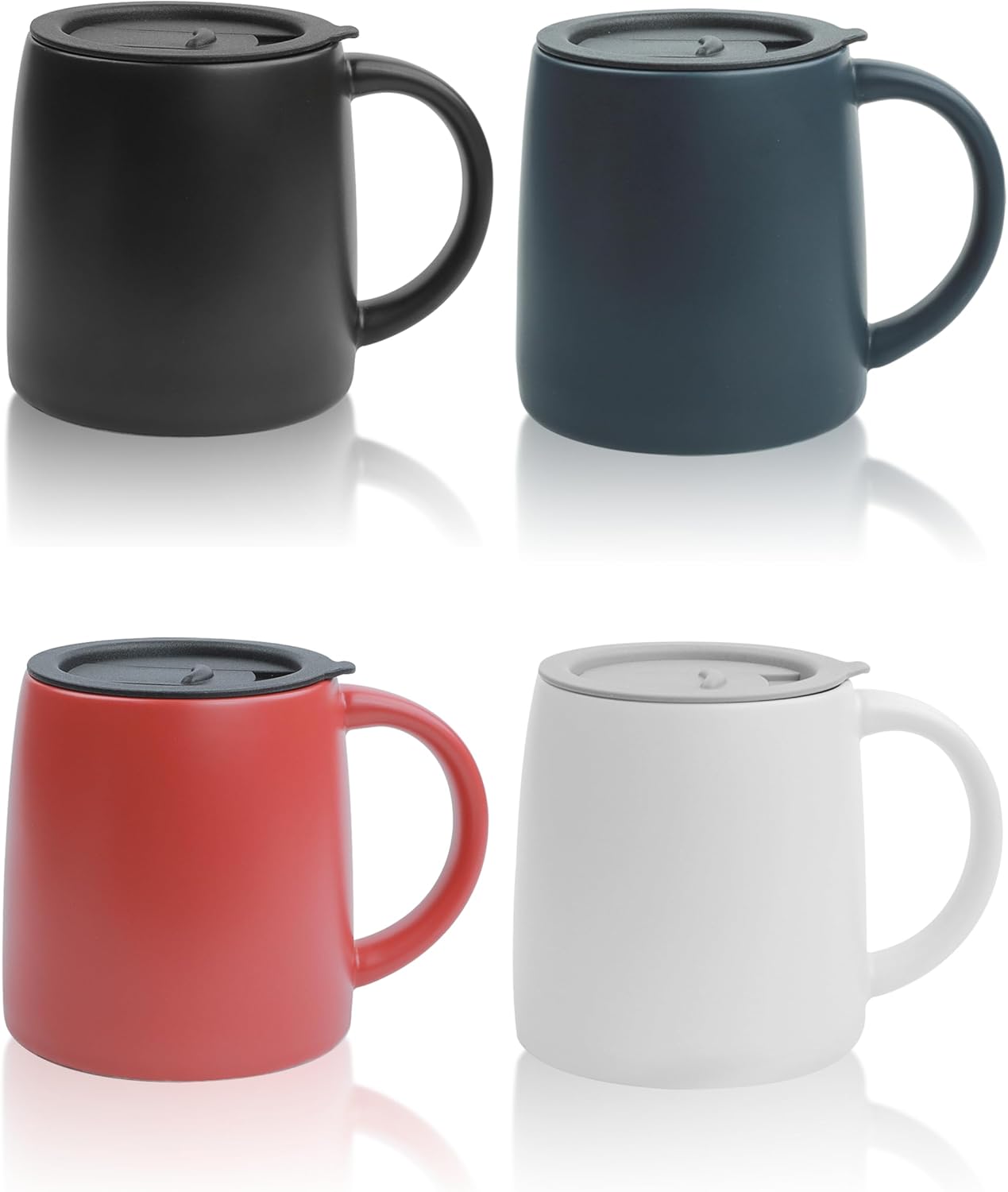 Classic Mug, 14 oz Large Coffee Mug with Handle, Ceramic Porcelain Tea Cup, Smooth Matte (Sliding Lid, Set of 4, Red White Black and Navy Blue)