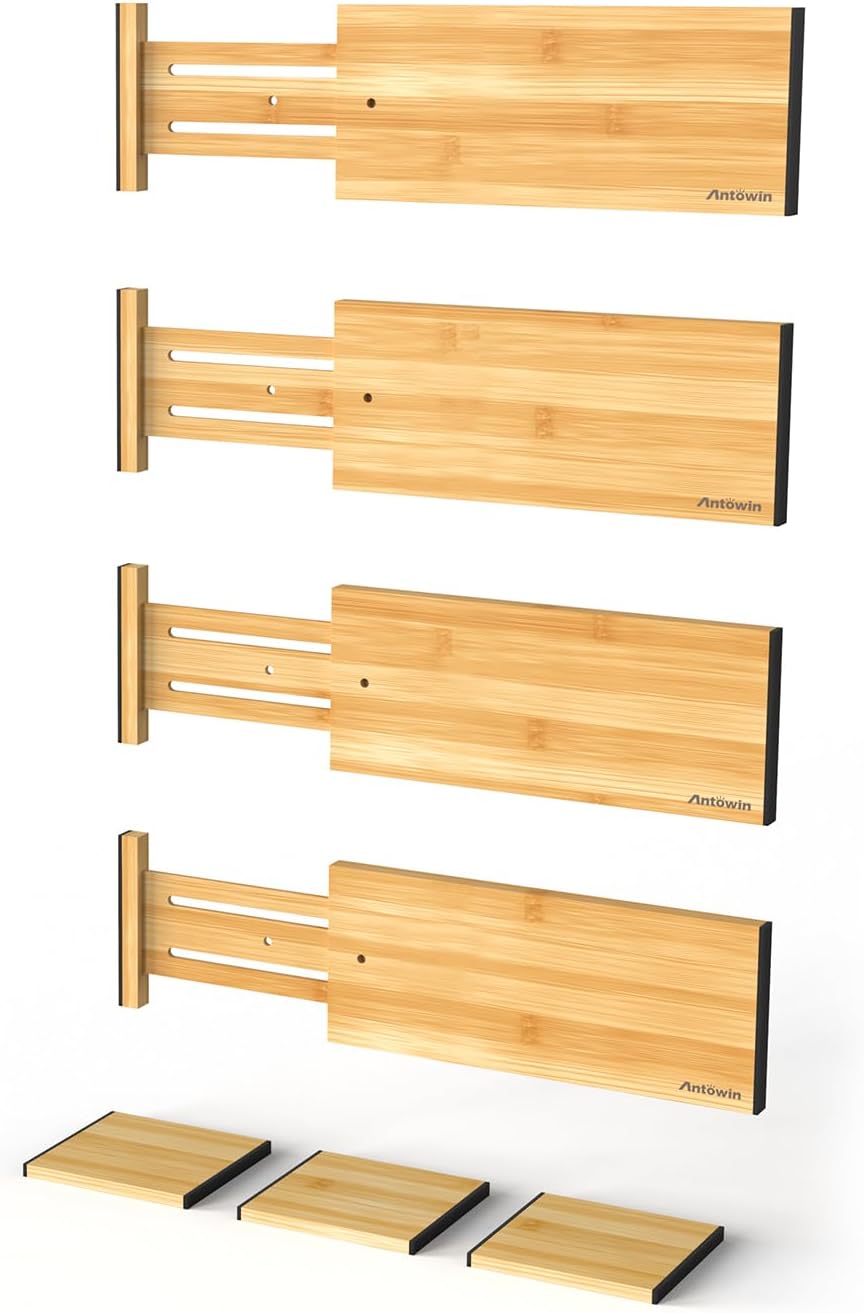 ANTOWIN 4 Pack Expandable Drawer Dividers, 4.7'' High, Extend from 12.2'' to 17.7'', Dresser Drawer Organizers, Bamboo Separators for Kitchen, Bedroom, Office, Bathroom (Natural)
