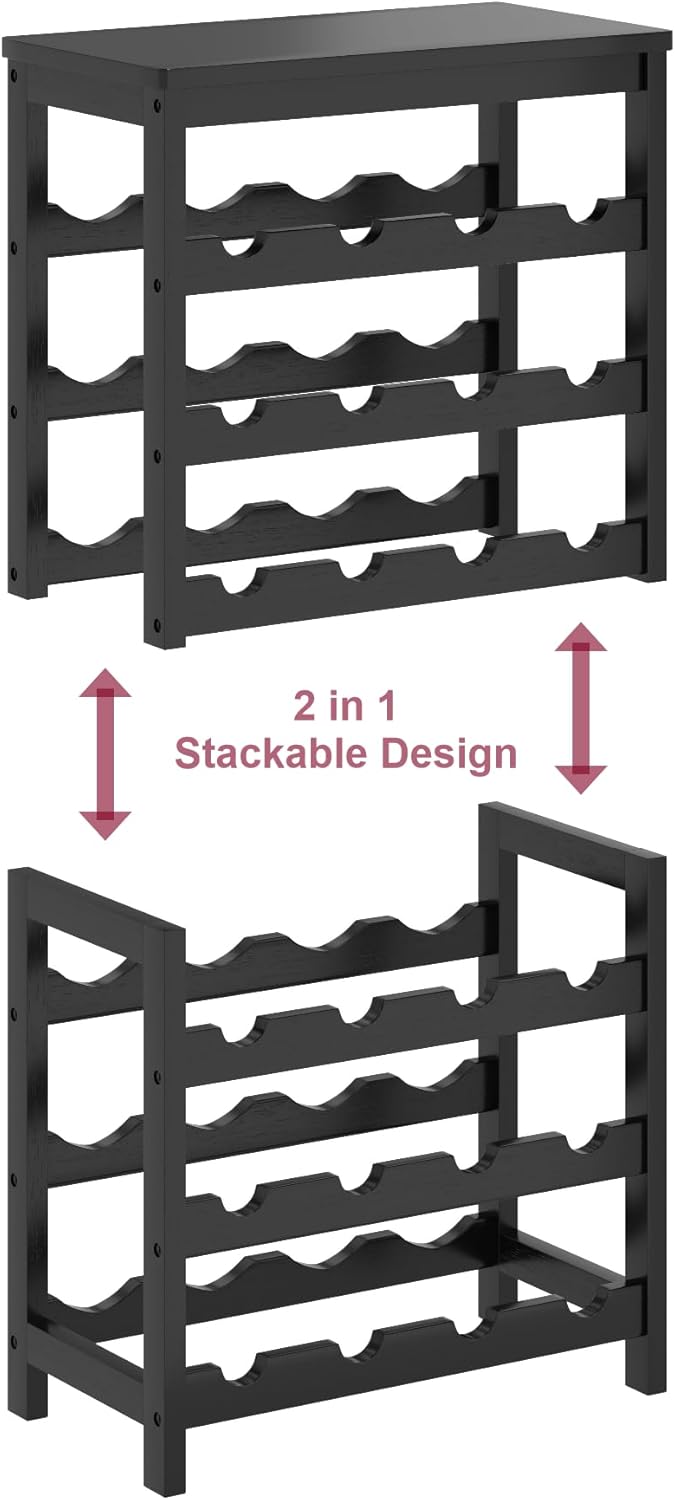 6 Tier Bamboo Wine Rack Freestanding Floor, 24 Bottles Wine Storage Shelves with Table Top, Stackable Wine Display Rack for Kitchen, Bar, Dining Room, Black