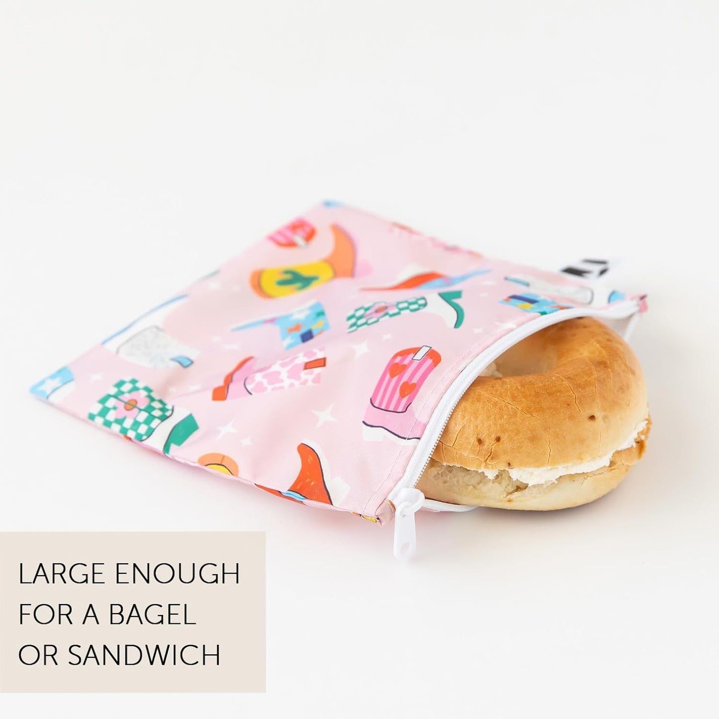 Roamio Reusable Sandwich and Snack Bags, for Kids School Lunch and for Adults Portion, Washable Fabric, Waterproof Cloth Zip Bag, Travel Pouch, Food-Safe Storage, 4-pack Set Cowgirl Boots and Disco