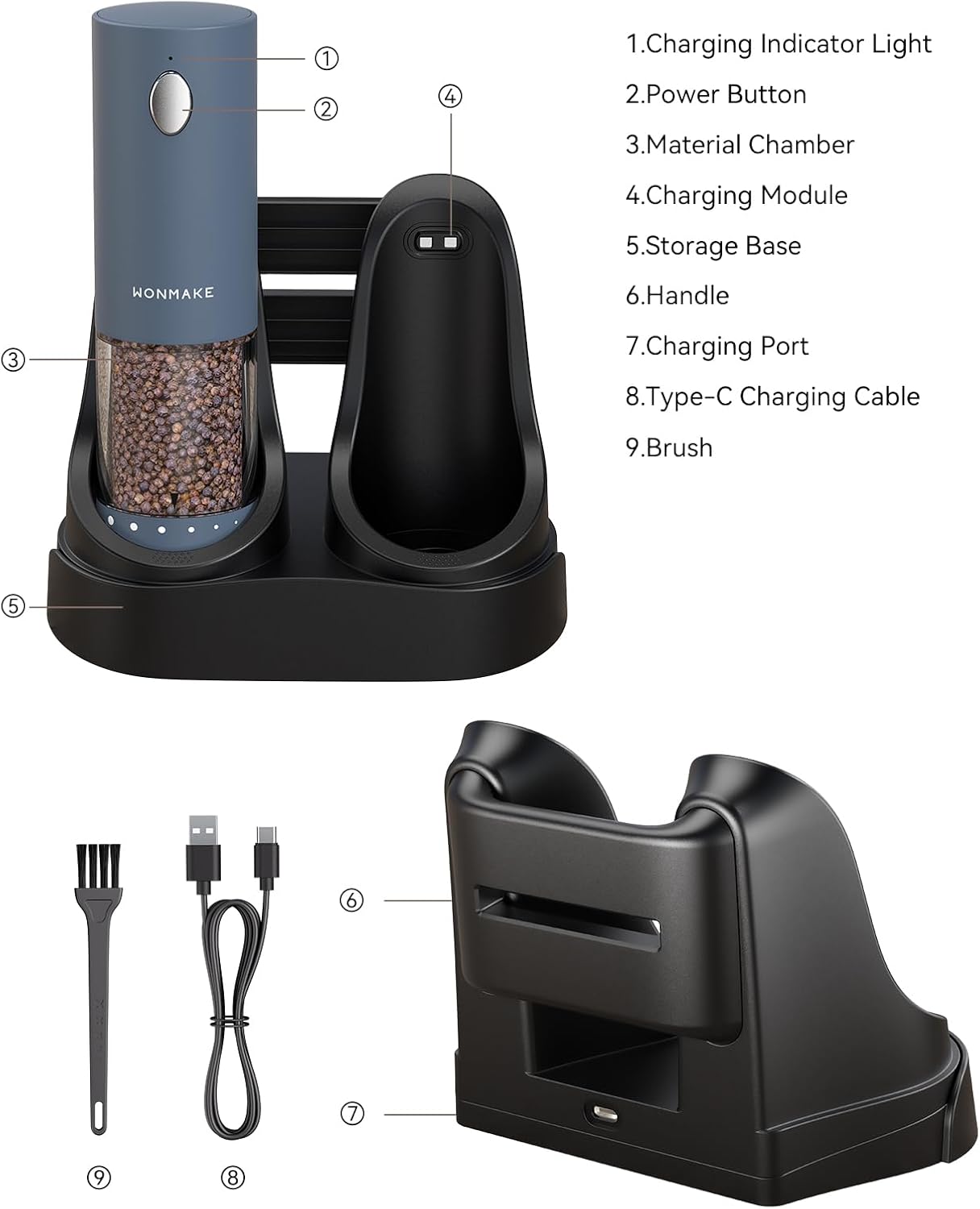 Electric Salt and Pepper Grinder Set - Automatic Refillable Salt and Pepper Grinders with Charging Base & LED Light, 6-Level Adjustable Coarseness with External Dial, Ideal Kitchen Gadget，Blue