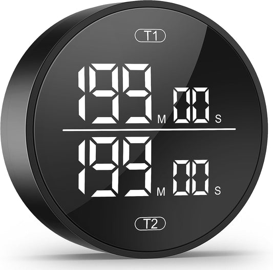 Dual Digital Kitchen Timer for Cooking, 199 Minutes Countdown & Stopwatch, Timer for Fridge, Big Digits, High-Definition Display, Easy Rotary Adjustment, 3 Volumes, 2 Brightness Levels, Black