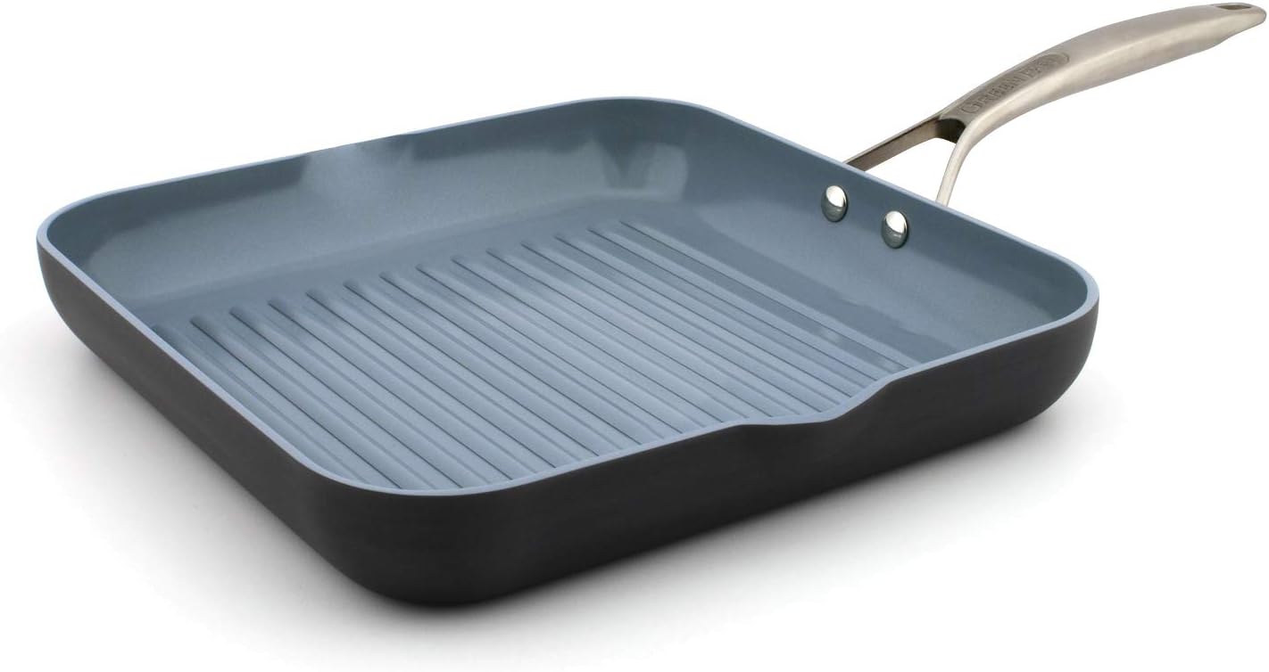 GreenPan Paris Pro Hard Anodized Healthy Ceramic Nonstick, 11" Square Grill Pan, PFAS-Free, Dishwasher Safe, Grey