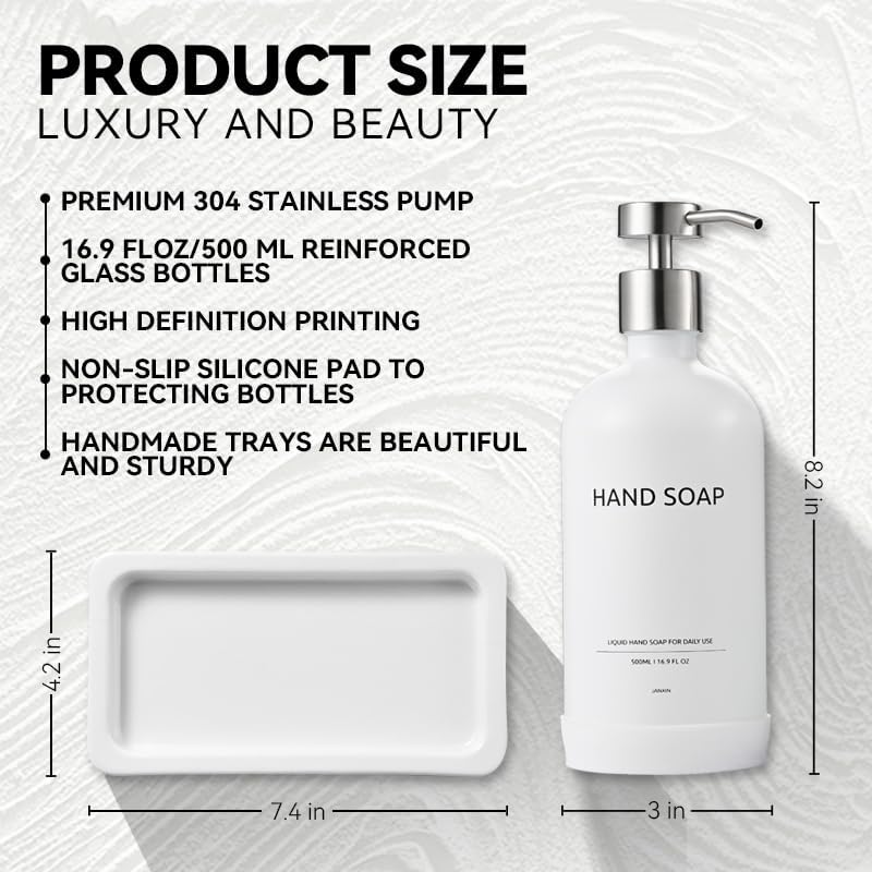 Glass Kitchen Soap Dispenser Set with Ceramic Tray,16.9 floz Hand and Dish Soap Dispenser for Kitchen and Bathroom Decor (White + Silver(Lotion))