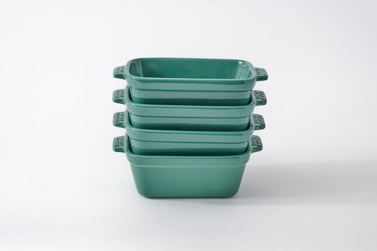 Souper Cubes Stoneware - Small Ceramic 5" x 3" Baking Dish with Silicone Covers, Small Baking Dishes for Oven Perfect for Reheating Single Serve Portions, Set of 4 - Kale
