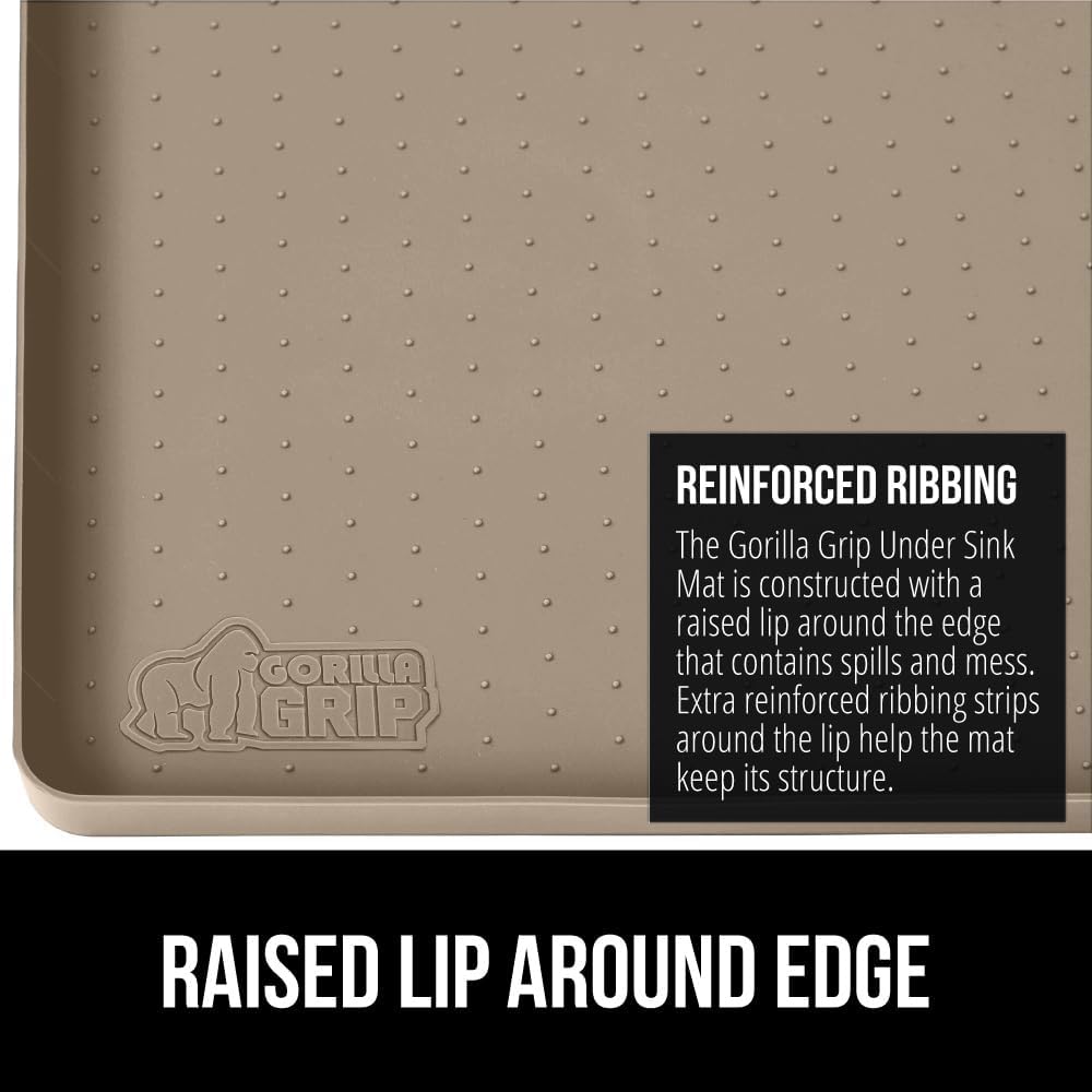 GORILLA GRIP Waterproof Silicone Under Sink Mat with Raised Lip for Kitchen and Bathroom, 46 x 22 in, Cabinet Shelf Liner Stay in Place Mats Dishwasher Safe Drawer Liner, Organizer Tray, Beige