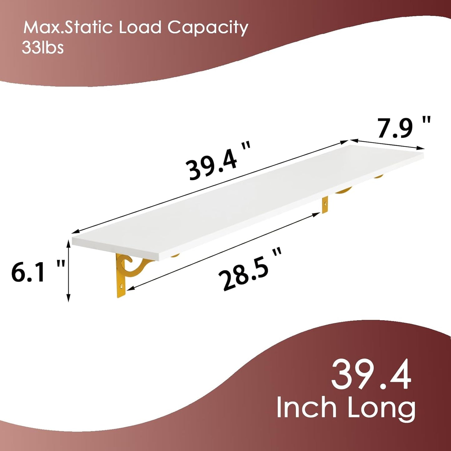 DINZI LVJ Long Wall Shelves, 39.4" Wall Mounted Shelves Set of 4, Wide Floating Shelf with Metal Brackets, for Living Room, Bathroom, Bedroom, Kitchen, Office, White and Gold