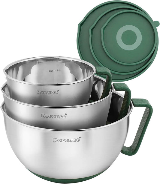 Rorence Mixing Bowls Set: Stainless Steel Non-Slip Bowls with Pour Spout, Handle and Lid - Set of 3 - Green