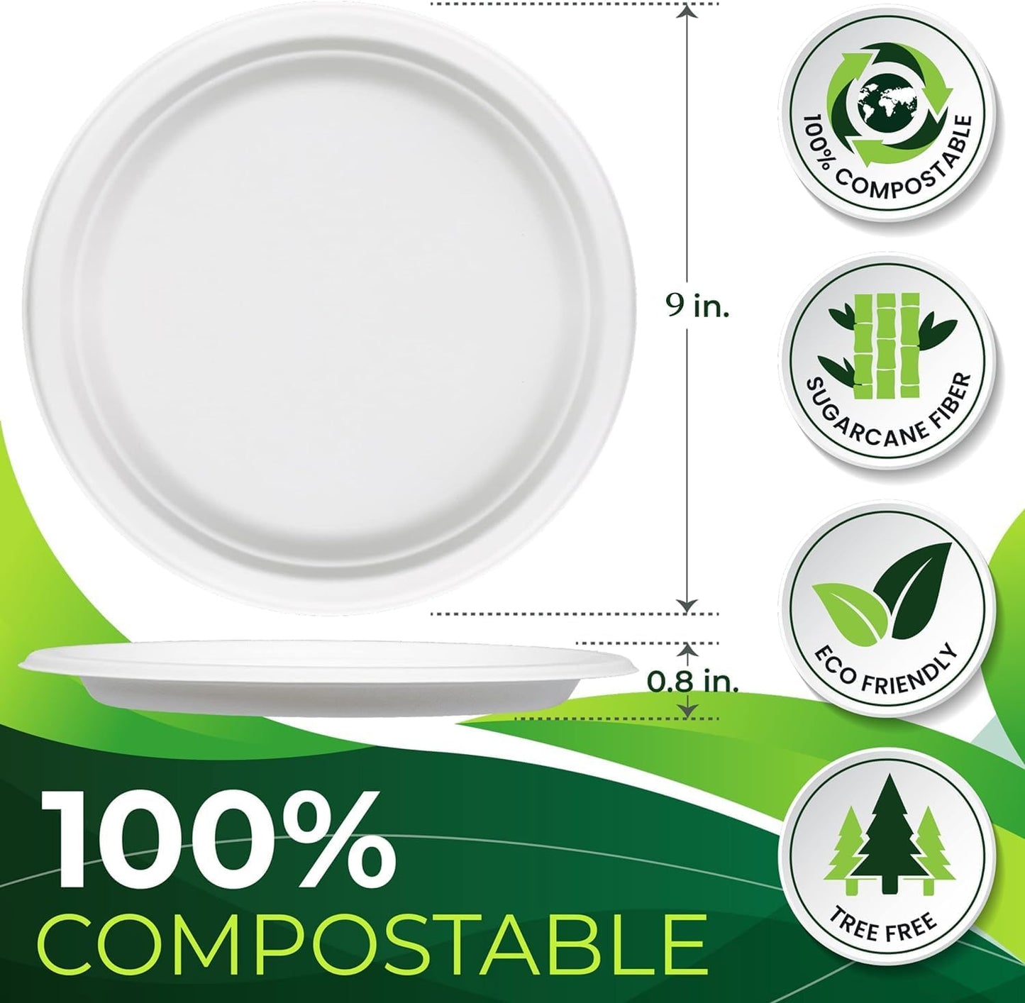 125 PCS 100% Compostable 9 in Paper Plates, Heavy Duty Disposable Plates, Eco Friendly Dinner Plates, Biodegradable Plates Made of Sugarcane Fiber
